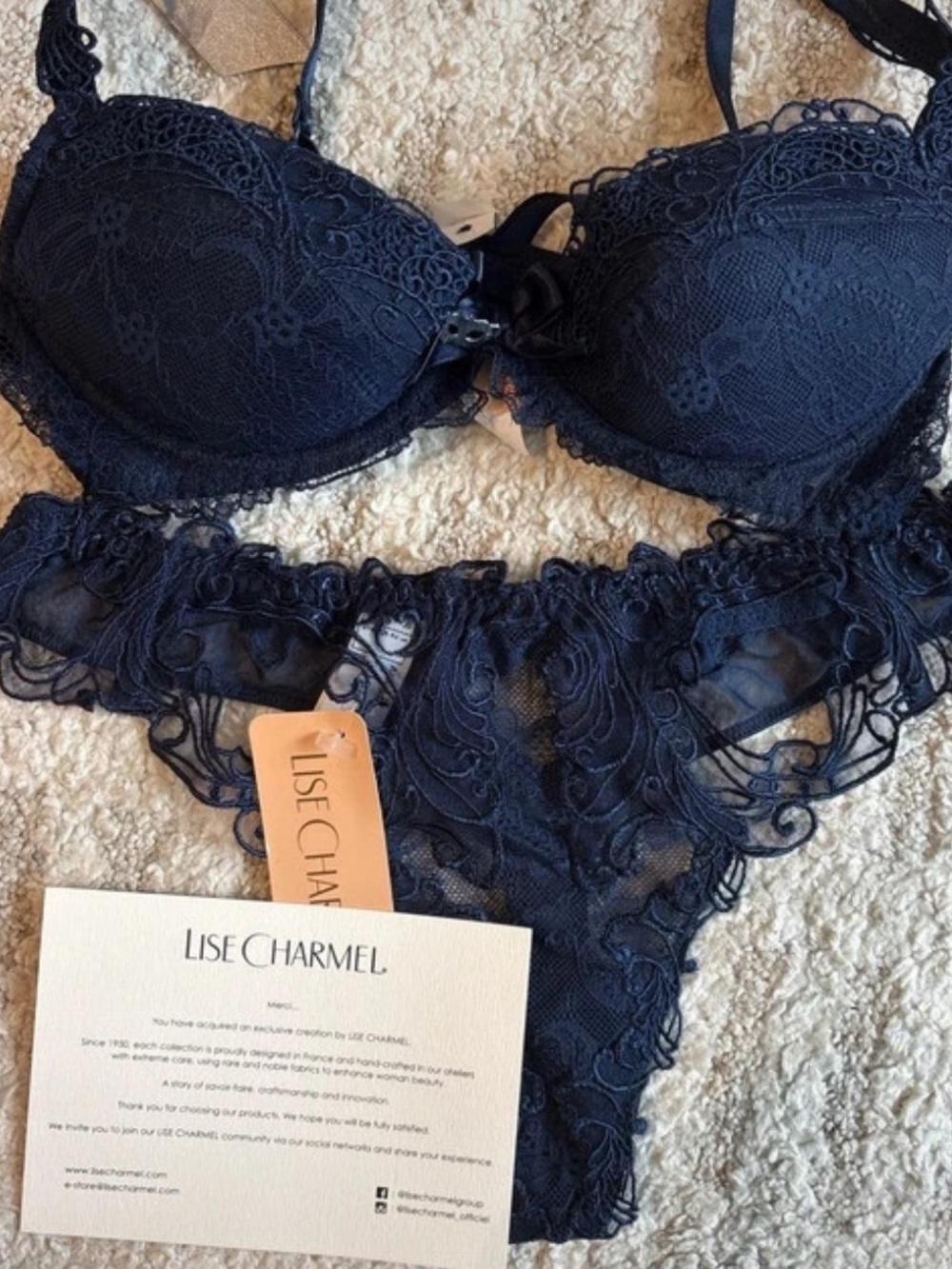 Lise Charmel Soir de Venise Midnight Blue Lace Bra and Thong Set